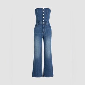 Cider Denim Washed Shirred Button Flared Jumpsuit